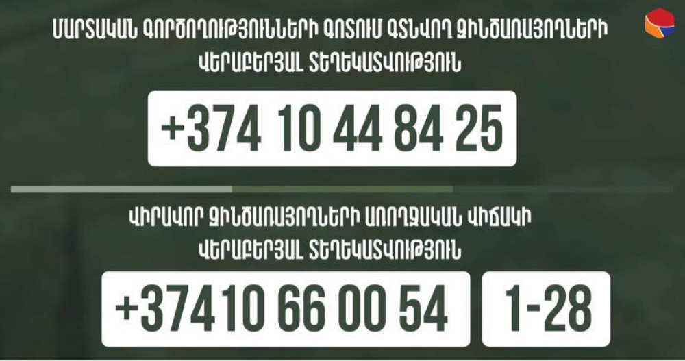 Մարտական գործողությունների գոտում գտնվող և վիրավոր զինծառայողների մասին տեղեկատվություն ստանալու համար գործող հեռախոսահամարները